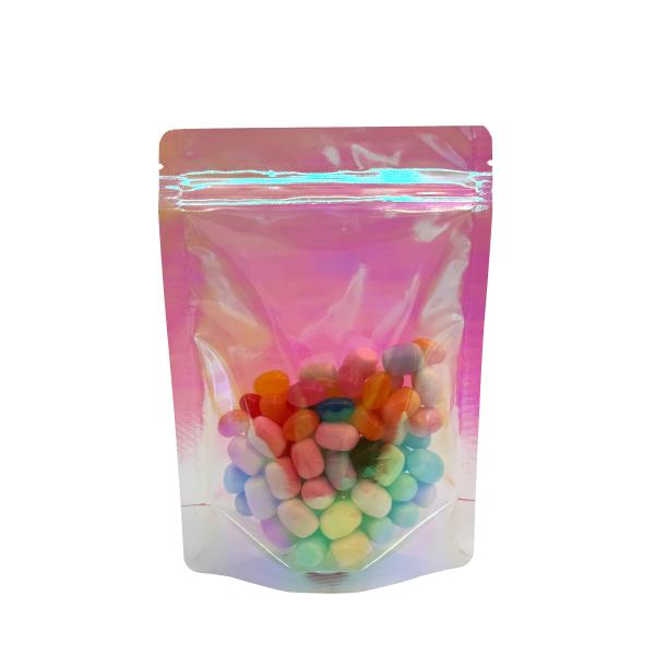 Custom Rainbow Holographic Pink Color Stand Up Pouches with Resealable Zipper for Packaging Food, Candies, Accessories,