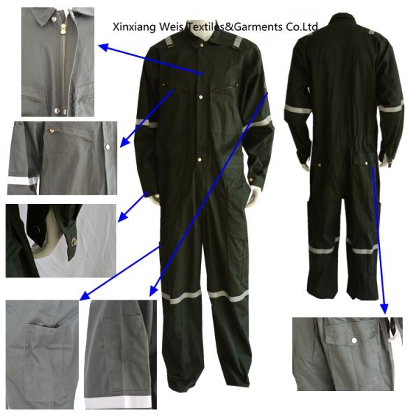 Chest Slant Pockets Cotton Lightweight Flame Retardant Coveralls Dark Green Reflective