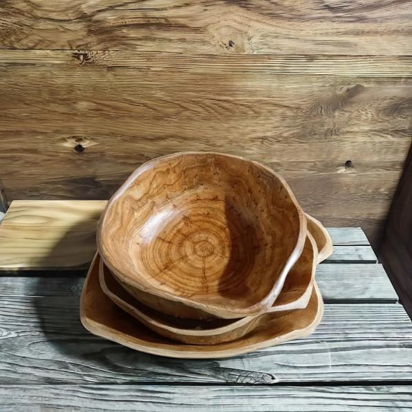 Farmhouse Decor Wooden Carving Plates and Bowls with Fruit Candy Nuts Utensils Rustic