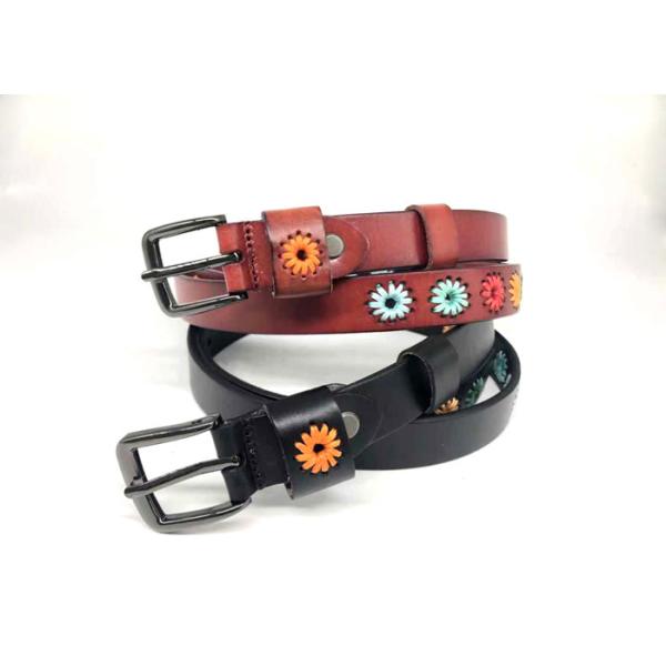 Womens Alloy Buckle Black Leather Embroidery Waist Belt