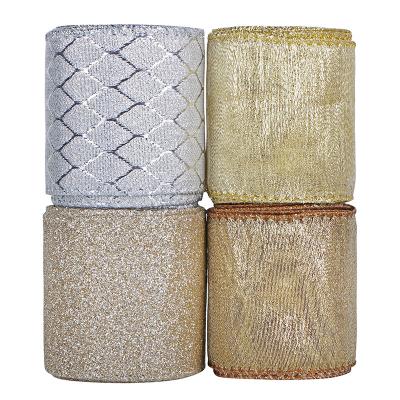 Customized Support 63mm Wide Christmas Metallic Glitter Ribbon for Xmas Decorations