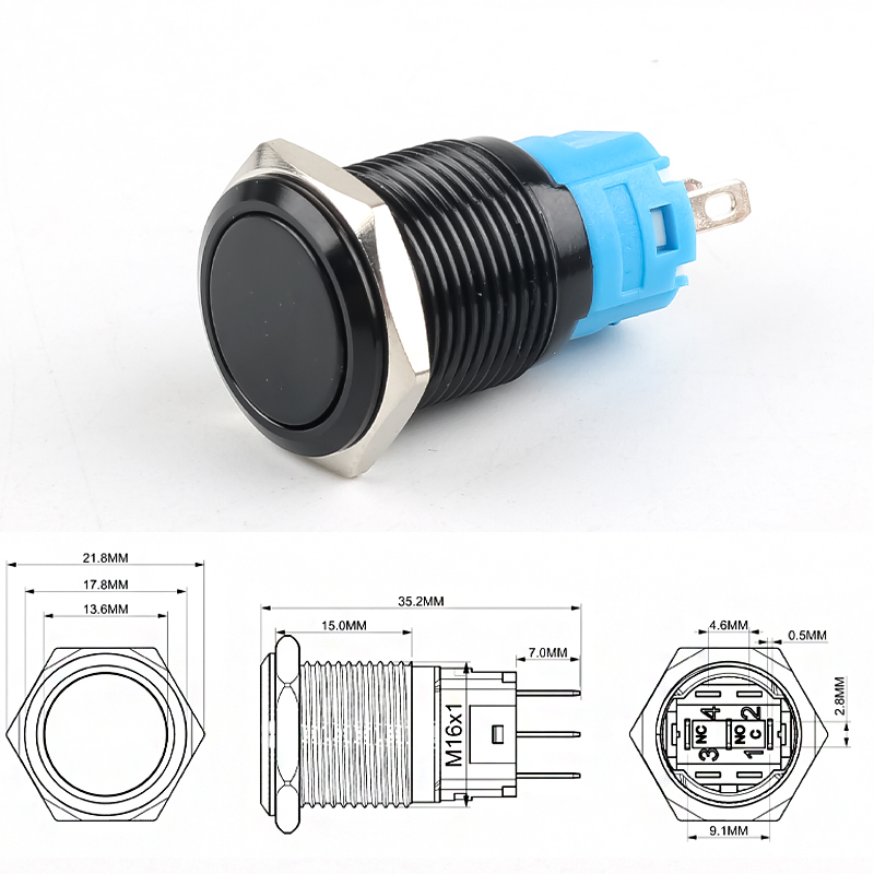 16mm Full-Oxygen Color Metal Push Button Switch 1NO1NC Self-Resetting and Self-Locking Red Green Yellow Blue Black 3-Pin