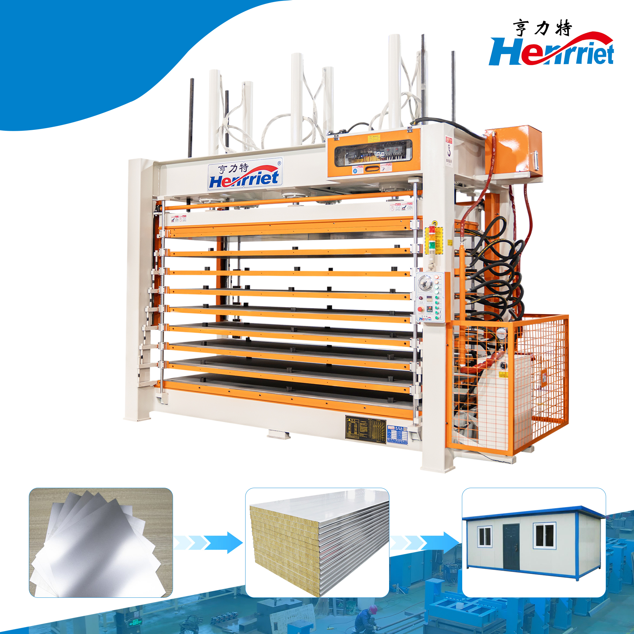 50T Maximum Pressure and 2500*1300*42mm Work Platen Size8-Layer Hydraulic Hot Press Machine for Rock Wool Core Sandwich Panel Fireproof Insulation Board Lamination