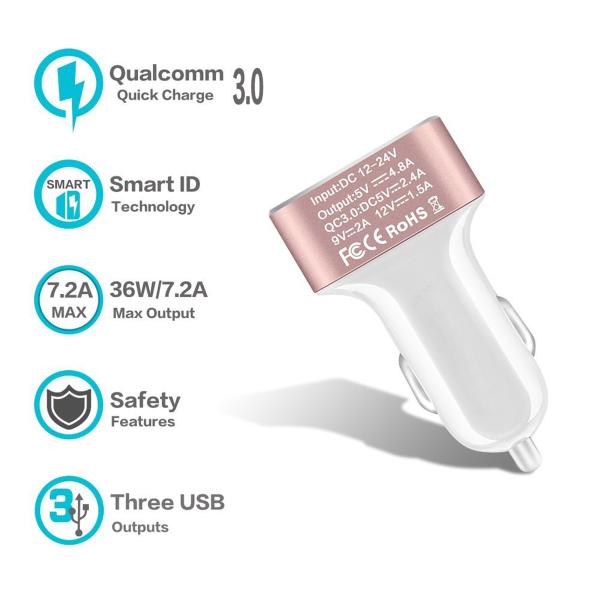 Quick Charger 3.0 42W  USB 3 Ports Cell Phone Car Charger