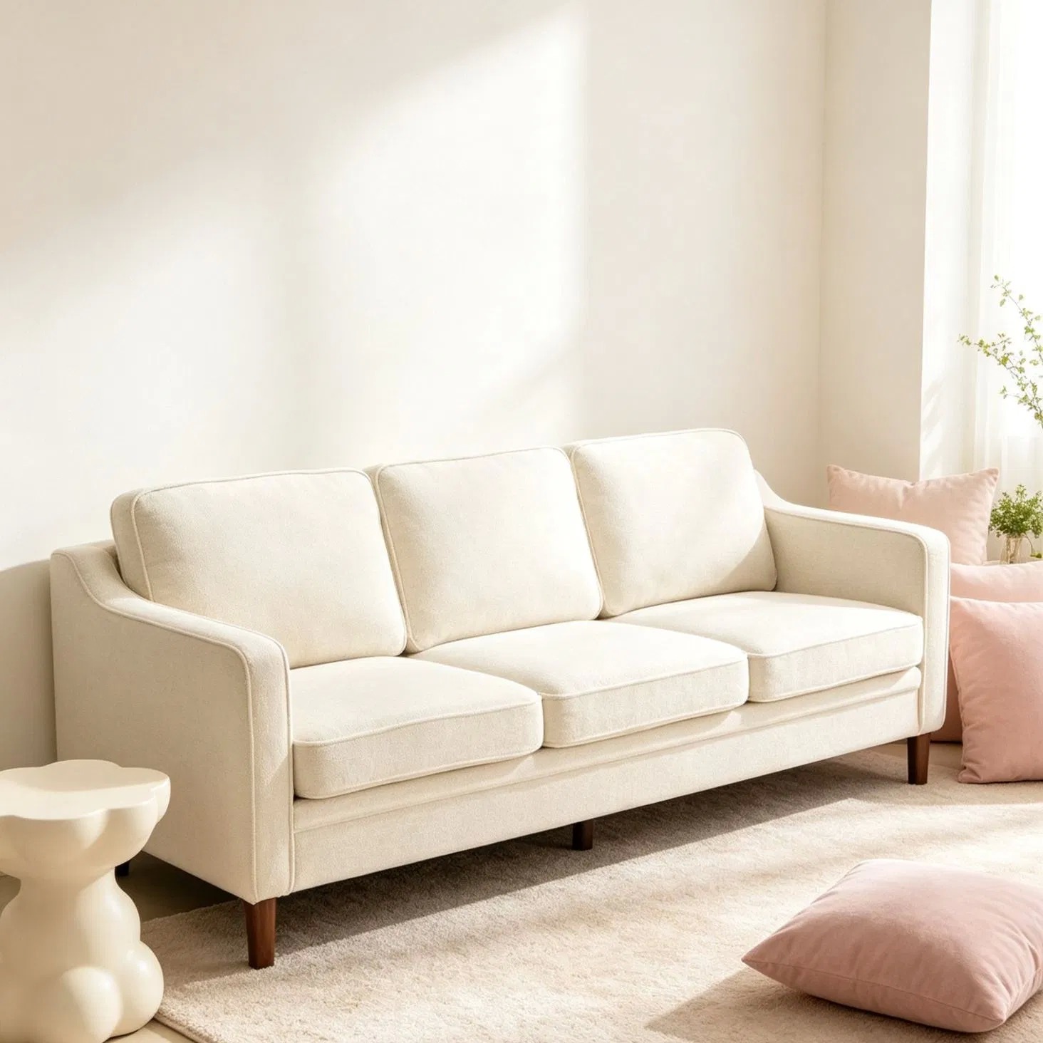 Versatile Cream Upholstered Three Seater Sofa for Villa Living Room Simple Interior Arrangement