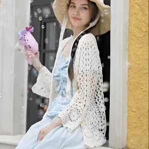 Long Sleeve Cardigan Hollow Out Women Crochet Cardigan Lightweight Tie Front Hollow Out Long Sleeves Summer Knit Cover Cardigans Open Front Scalloped Mesh Beach Shrug Coat Beige