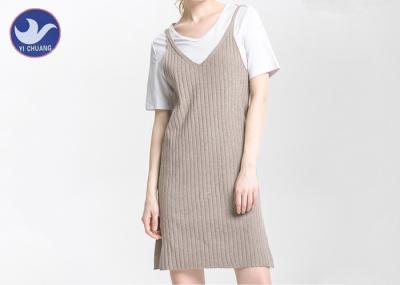 Spaghetti Strap Ribbed Midi Womens Knitted Dresses V Neck Loose Fitting Side Slit