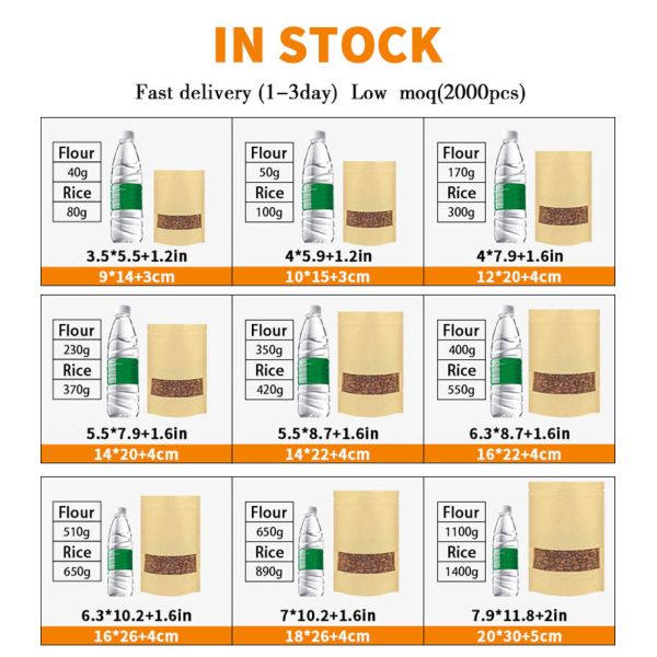 Stand Up Brown Kraft Resealable Paper Pouches For Food Packaging