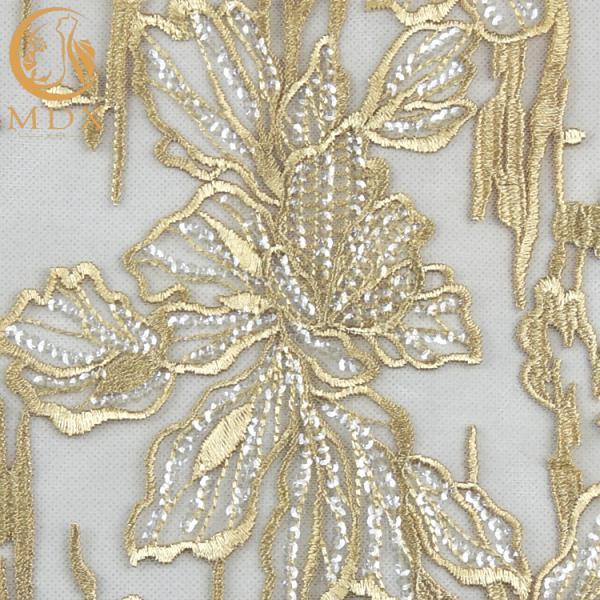 Чувствительные Sequins сетки ткани шнурка вышивки цвета золота MDX для платья мантии