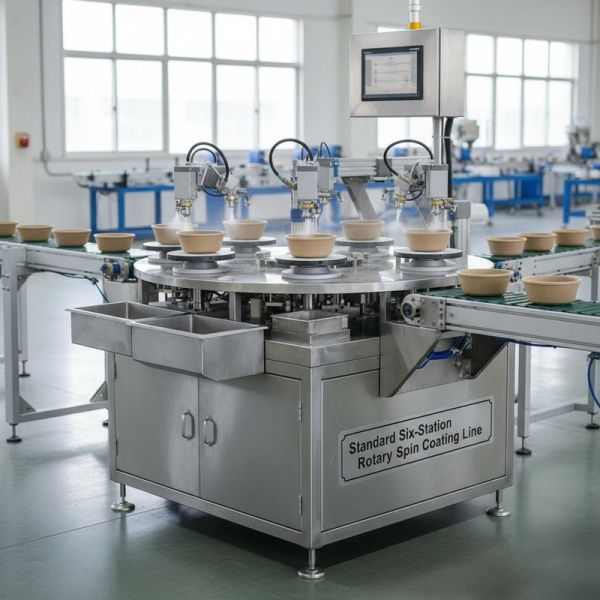 Standard Six‑Station Rotary Spin Coating Line for Molded Pulp Internal Barrier Coating