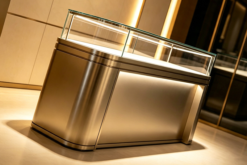 Custom Curved Tempered Glass Stainless Steel Jewelry Display Counter with Lockable Storage for Luxury Jewelry Stores