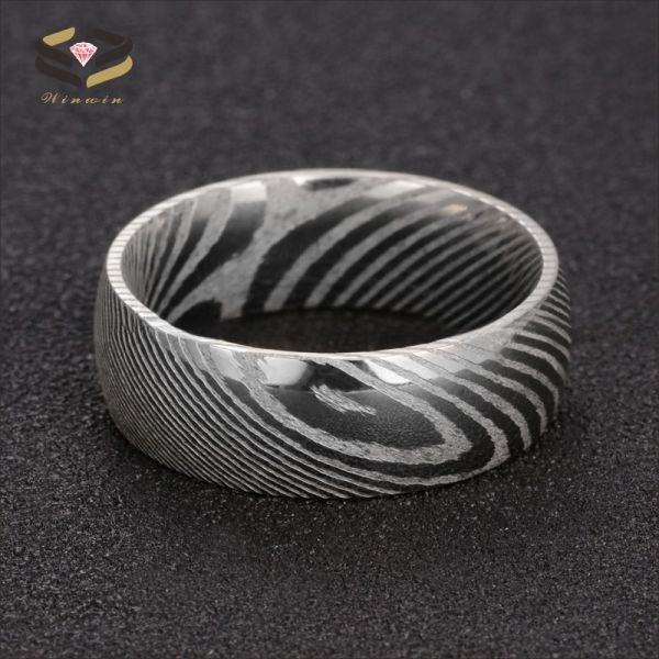Simple Style 8mm Pure Damascus Steel Men's Wedding Ring with Black Plating