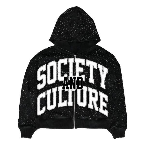 Black Vintage Rhinestone Hoodie Distressed Embroidery Patch 220 Grams Heavyweight Acid Wash