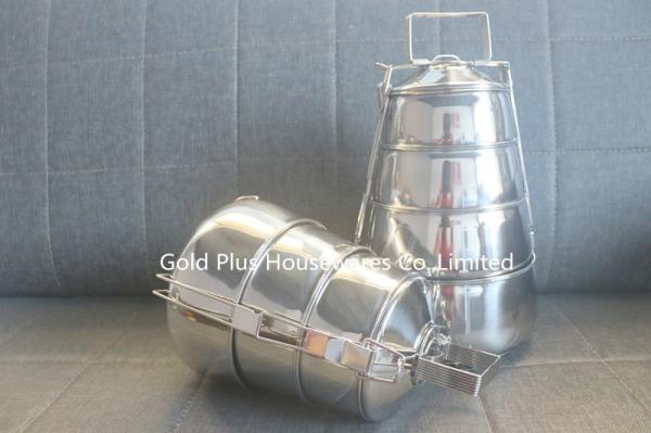 Hand holding food storage container set 3 layers tiffin lunch box cheap price stainless steel food carrier