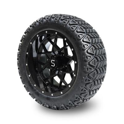 14'' Golf Cart Glossy Black Wheels And 22'' All Terrain Tires with Lug Nuts and Center Caps