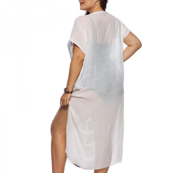 Женщины белые видеть-через платье стиля кимоно пляжа макси с цветком печатают