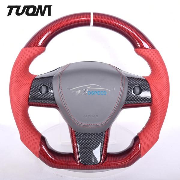 Red Carbon Fiber Rounded Top Flat Bottom Steering Wheel Tesla Model 3 Y