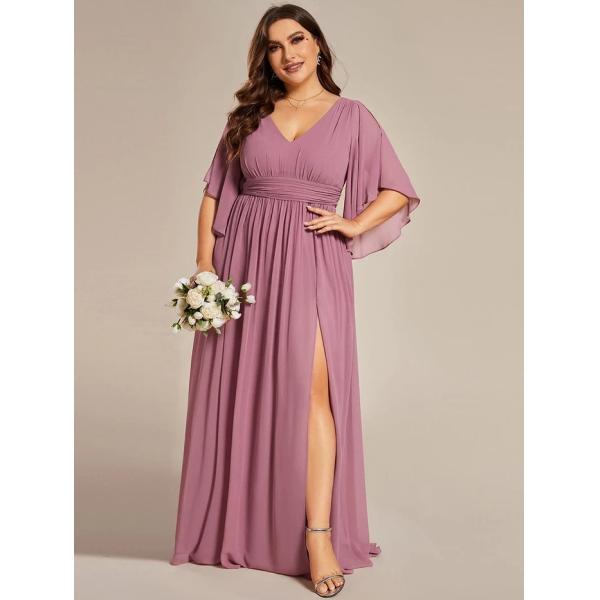 Plus Size A-line Half Sleeves V-neck Ruffled High Slit Purple Orchid Chiffon Evening Dress