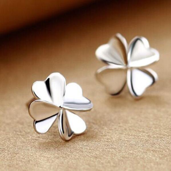 Fashion 925 Silver Plated Good Luck Four Feaf Clover Flower Stud Earrings (EESTUD08)