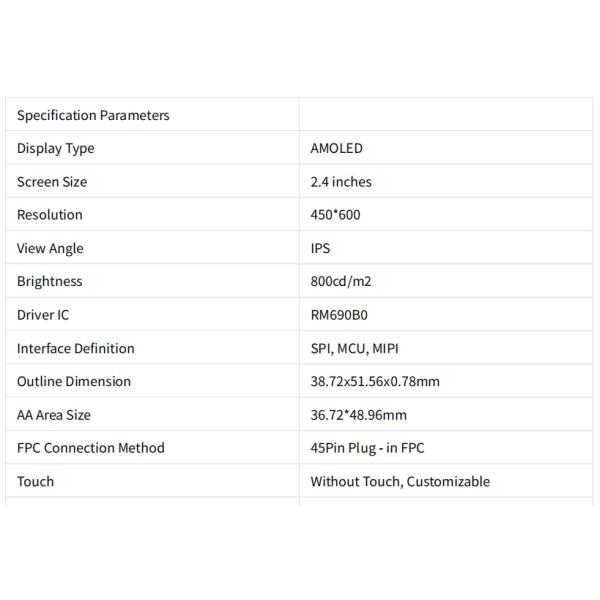 2.4 Inch Amoled Display Module 450x600 Resolution MIPI/MCU /SPI Interface For Smart Devices