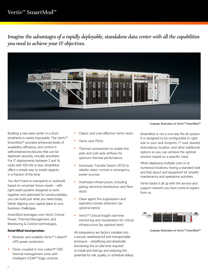 Vertiv SmartMod MDC Modular Data Center with 100kW Capacity 14 Racks and Short Circuit Protection