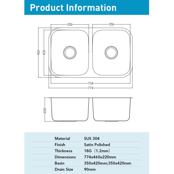 Rectangular 304 Stainless Steel Kitchen Sink Double Bowl For Garages Outdoors ODM