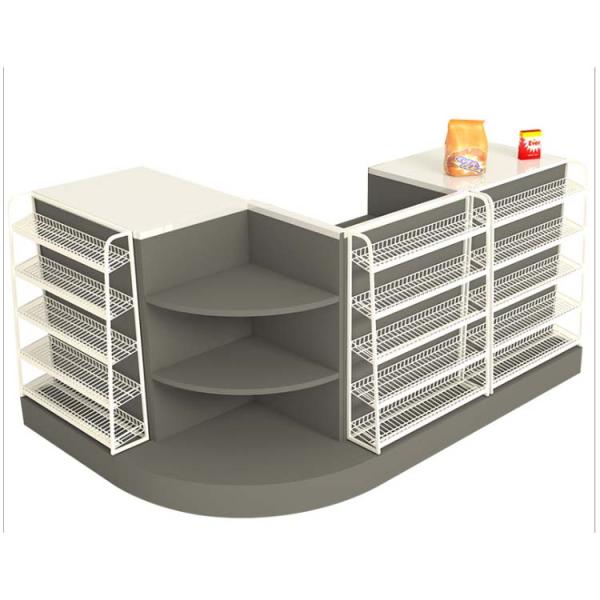 Retail Shops Metal Cashier Counter Table with Wire Promotion Rack and Suggested Picture