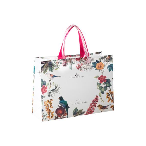 Premium Printed Paper Shopping Bags Floral Bird Design With Pink Striped Handles