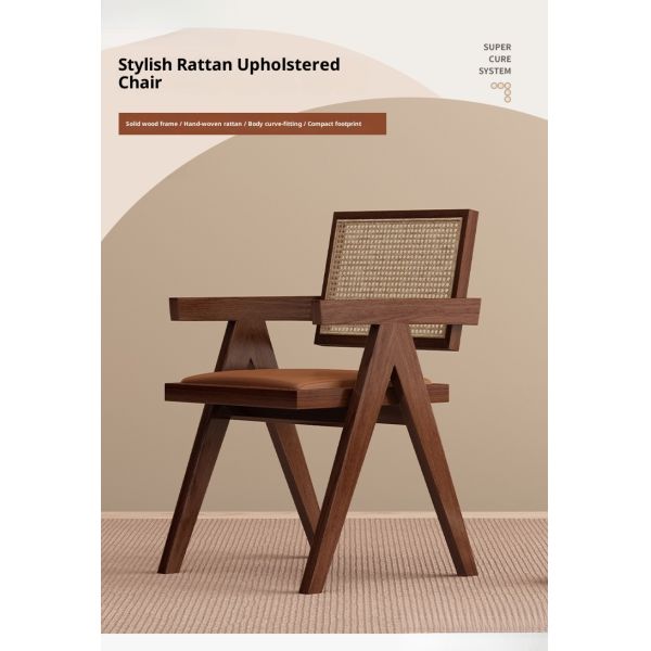Eco-friendly Solid Wood PU Rattan Weaving Backrest Armchair Premium Comfort for Apartment Hotel Dining Rooms-Modern Design