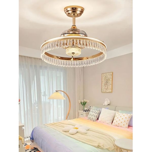 Retractable Blade Modern Folding Fan Light Remote Control Chandelier LED Invisible Ceiling Fan Crystal Light (WH-VLL-29)