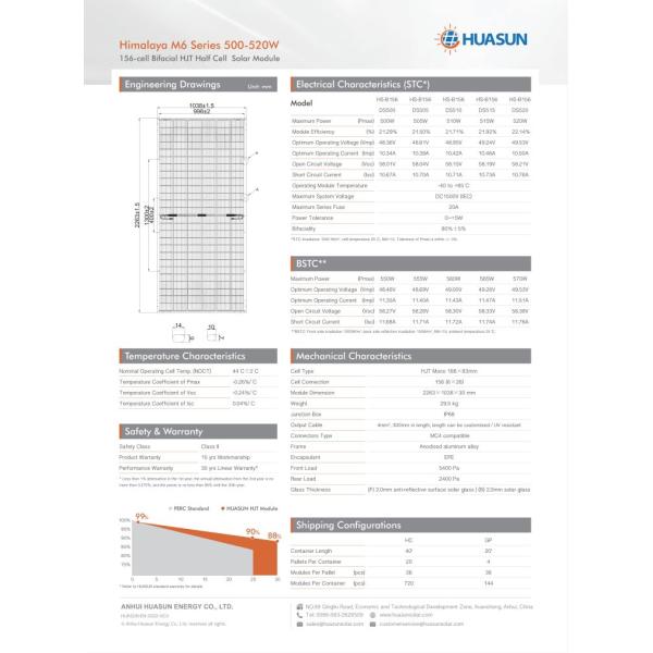 Модули Mono фотовольтайческий коммерчески солнечный Pv 500w 520W Huasun Bifacial фотовольтайческие