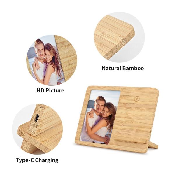 Cadre de photo de bureau en bambou en blanc sur mesure avec chargeur sans fil pour l'impression de photos par sublimation