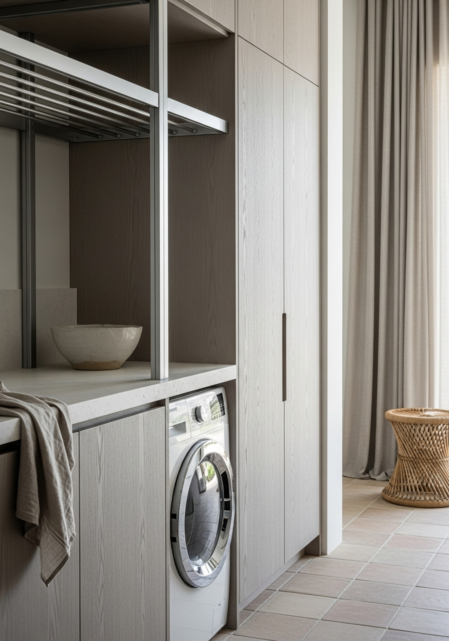Whitewashed Ash Laundry Cabinet with Drying Rack in 304 Stainless Steel
