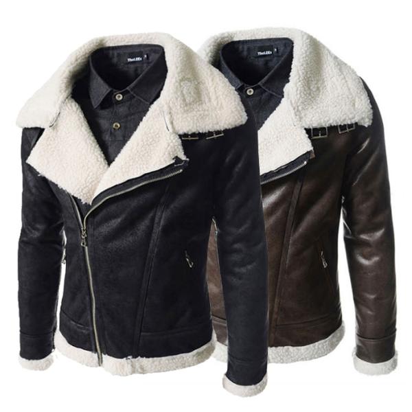 Fashion Winter Sheepskin Lined Leather Jacket , Mens Faux Leather Aviator Jacket