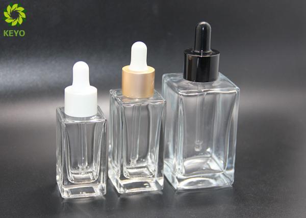 Luxury Cosmetic Essential Oil Bottles 30ml 50ml 120ml Flat Shoulder Square Glass Clear Dropper Serum Bottle