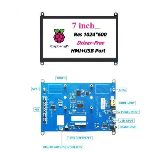 7 Inch HDMI LCD Display 1024x600 5 Point Touch Screen 450cd/m2 800cd/m2 Optional