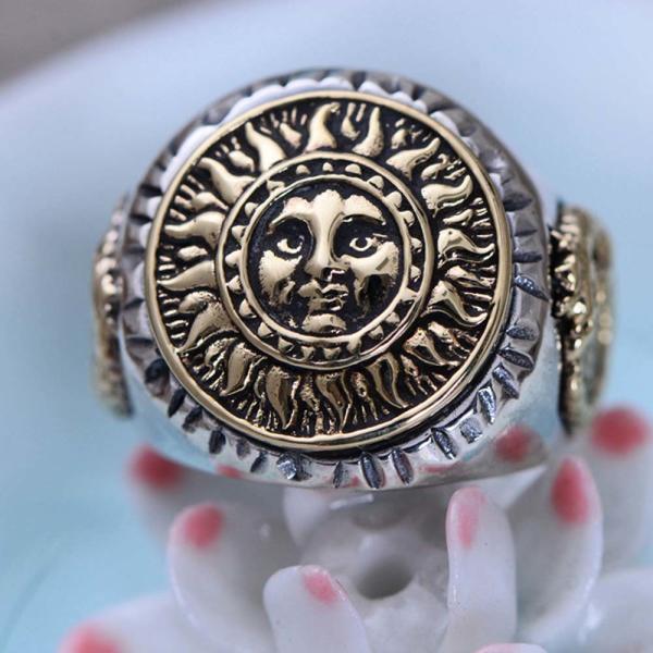 Antiquated Sterling Silver Brass 2 Tone Sunflowers Design Men Ring (058842)