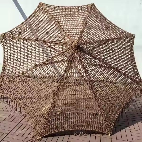 9 ft Coffee Chocolate Outdoor Macrame Beach Umbrella Rope Woven Crochet Umbrella Tassel Fringe Market Umbrella