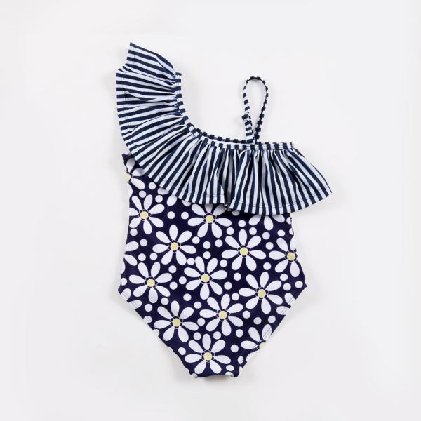 Kid's Navy flower print one shoulder swimwear one piece swimsuit