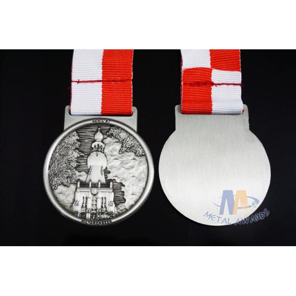 Old Tower 3D Effect Custom Award Medals With Red / White Ribbon 50 * 3mm
