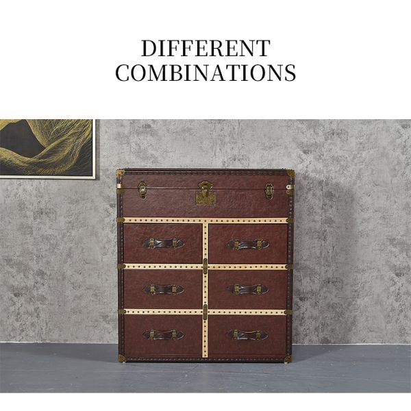 Nidea #305 Vintage Brown Genuine Leather Aviator Storage Trunk Cabinet Side Table Chest Cabinet Industrial Aviator File Furniture