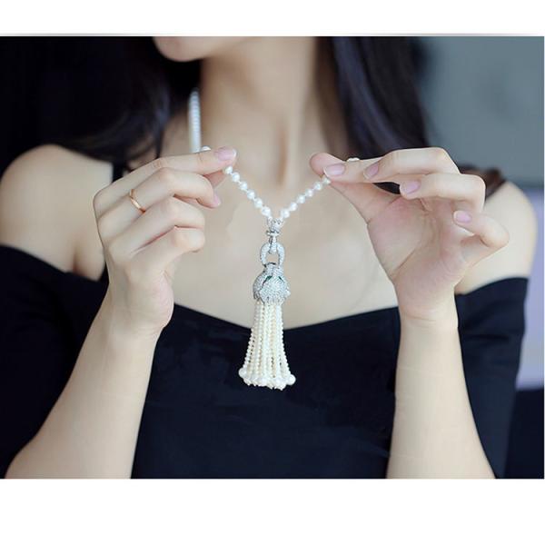 Shell Pearl Sweater Necklace with Tassels Pave Cubic Zirconia Charm Pendant (SN702142SIVER)