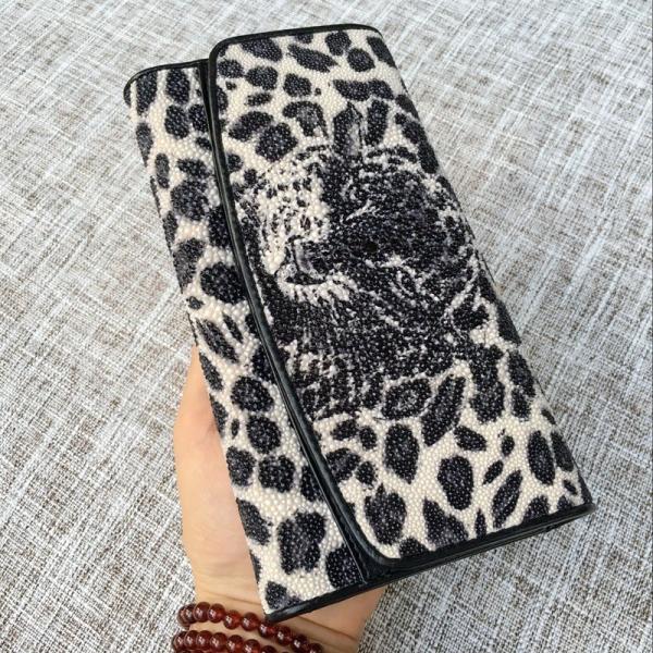 Authentic Stingray Skin Leopard Tiger Designer  Long Wallet Genuine Leather Women Large Clutch Purse Lady Card Holder