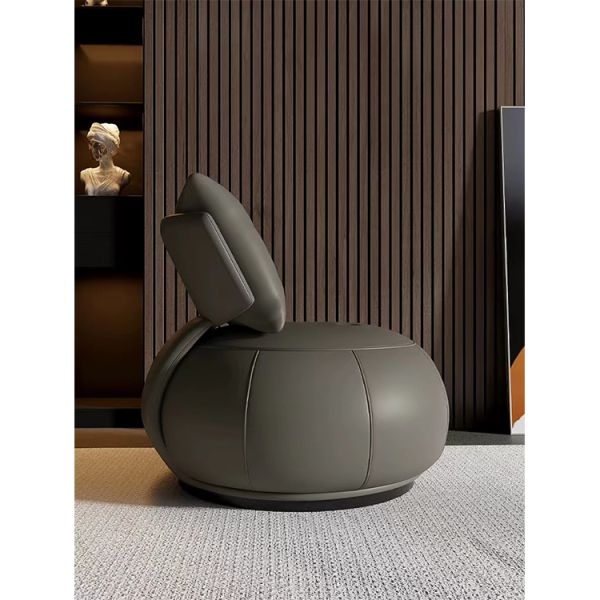 Leather Wood and Metal Modern Round Lounge Swivel Chair Contemporary Single Sofa Chair Living Room Leisure Furniture