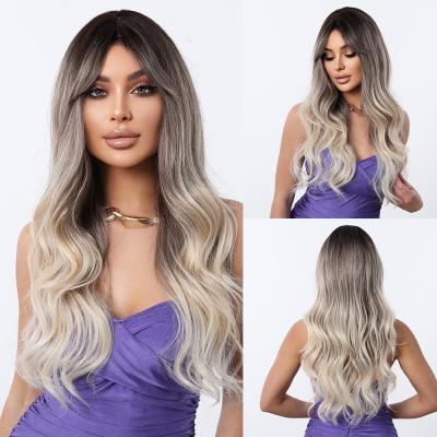 Fashion Long Body Wave Dark Root Hair  Blonde Synthetic Wigs For Women