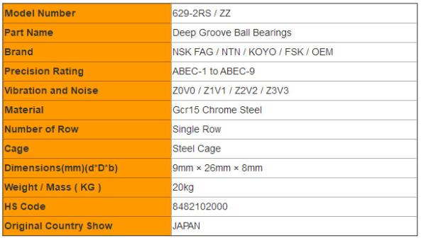 629-2RS Miniature Ball Bearings with Green Rubber Seal for Locomotives