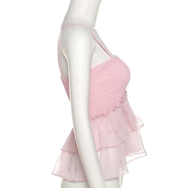 Pink Sexy Womens Summer Cami Tops Hem Mesh Spliced With Lotus Leaf Design