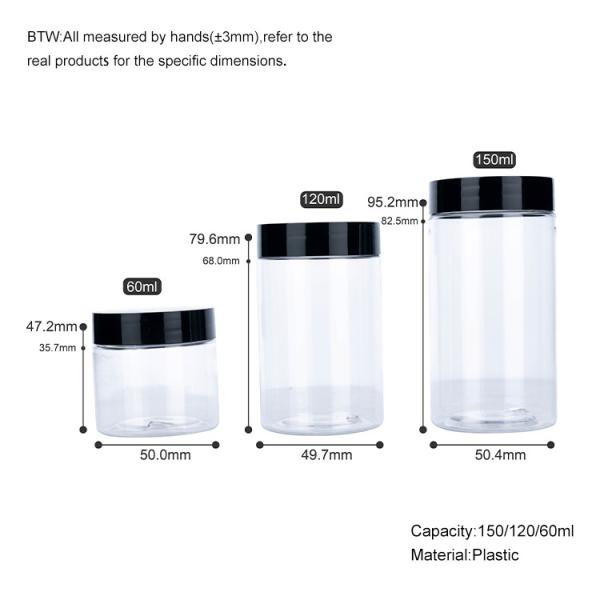 60ml 120ml 150ml Cylindrical Transparent Plastic Cream Jars With Black Lids