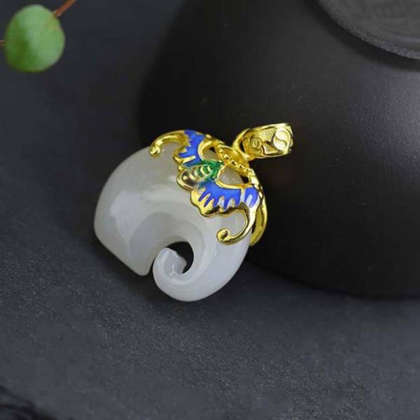 Gold Plated 925 Silver Enamel White Jade Elephant Pendant Necklace Silver Wheat Chain (DZ011124)