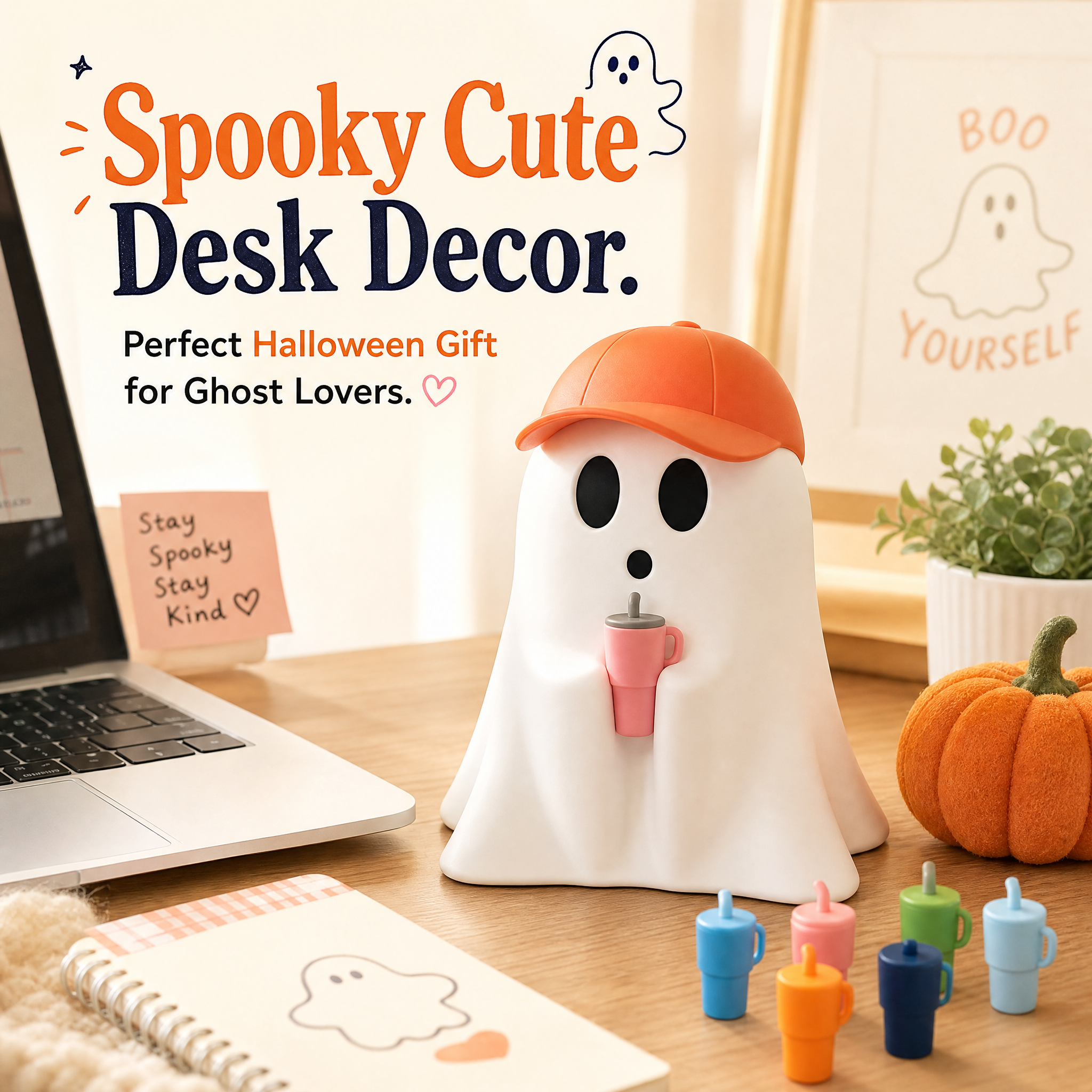 Ghost With Drink Cup Figurine, 3D Printed Holiday Decoration Halloween Desk Ornament